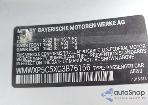 2016 Mini Hardtop Cooper z USA, uszkodzony, nr VIN WMWXP5C5XG3B76156